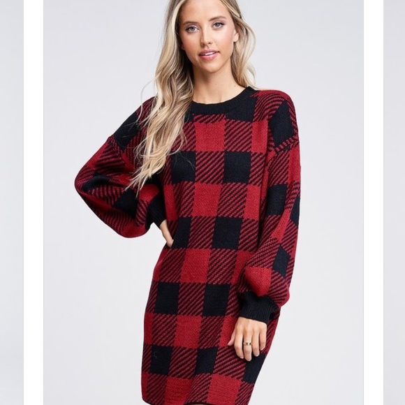 Julie Red Buffalo Plaid Checkered Sweater Dress - Picture 2 of 5